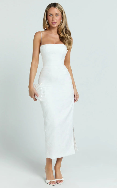 Indiana Midi Dress - Jacquard Square Neck Lace Back Fitted Dress in White