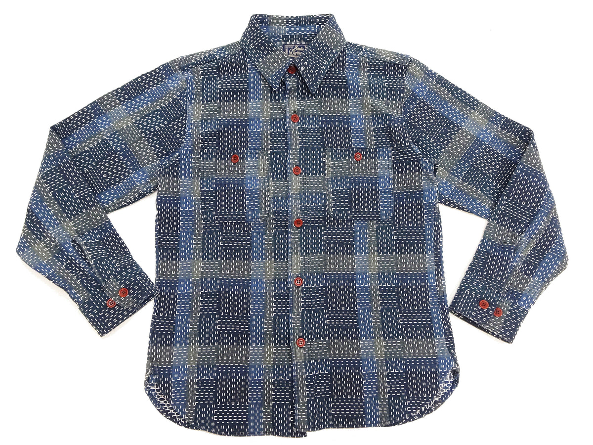 Studio D'Artisan Men's Heavyweight Jacquard Work Shirt, Sashiko Stitch Boro/Noragi-Inspired Slub Plaid, 100% Cotton, Made in Japan (SDA 5651 Blue)