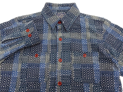 Studio D'Artisan Men's Heavyweight Jacquard Work Shirt, Sashiko Stitch Boro/Noragi-Inspired Slub Plaid, 100% Cotton, Made in Japan (SDA 5651 Blue)
