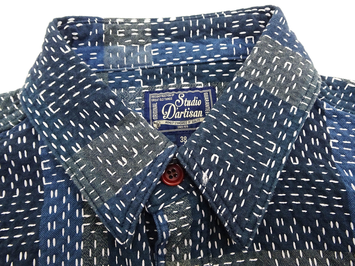 Studio D'Artisan Men's Heavyweight Jacquard Work Shirt, Sashiko Stitch Boro/Noragi-Inspired Slub Plaid, 100% Cotton, Made in Japan (SDA 5651 Blue)