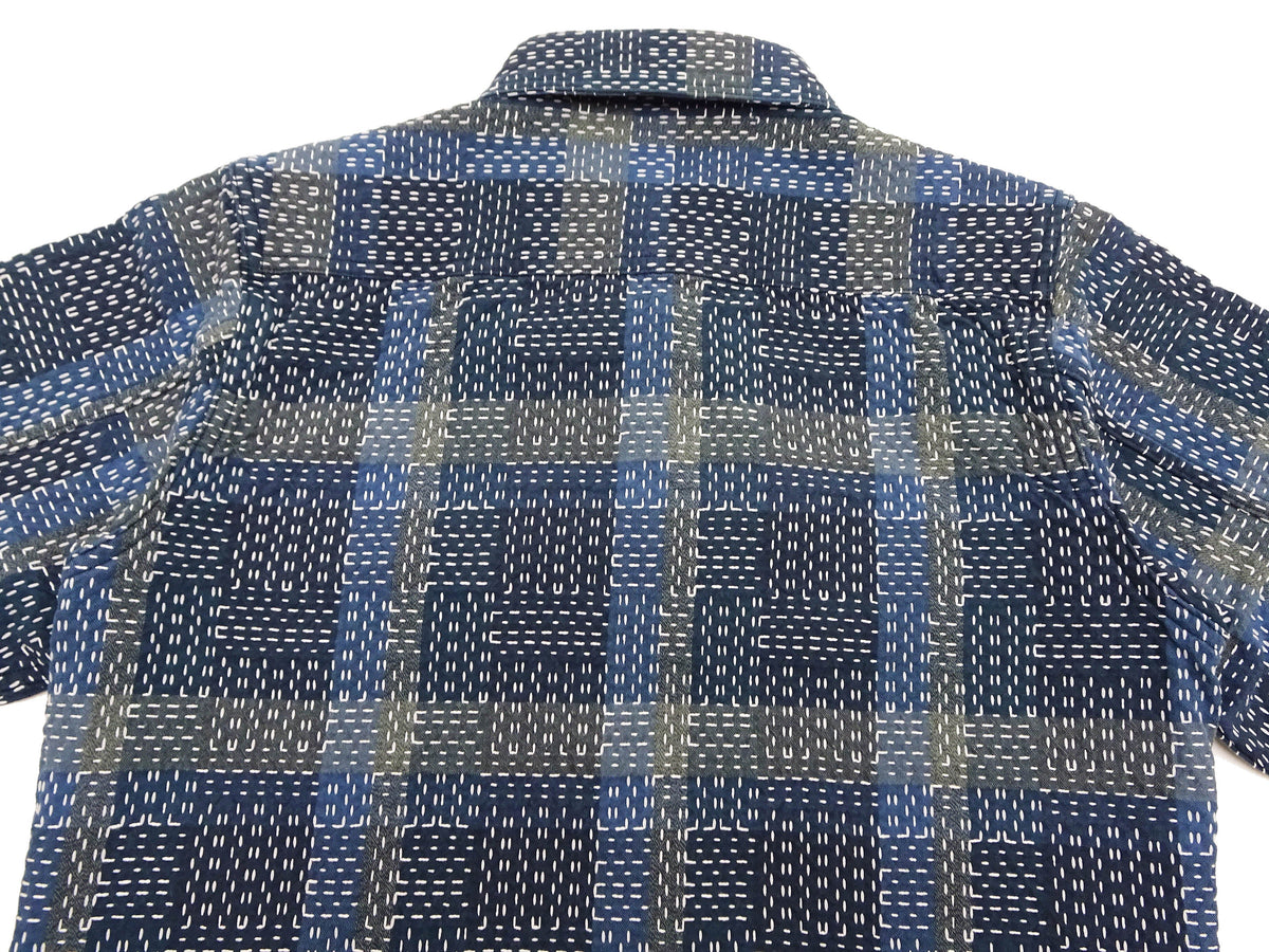 Studio D'Artisan Men's Heavyweight Jacquard Work Shirt, Sashiko Stitch Boro/Noragi-Inspired Slub Plaid, 100% Cotton, Made in Japan (SDA 5651 Blue)