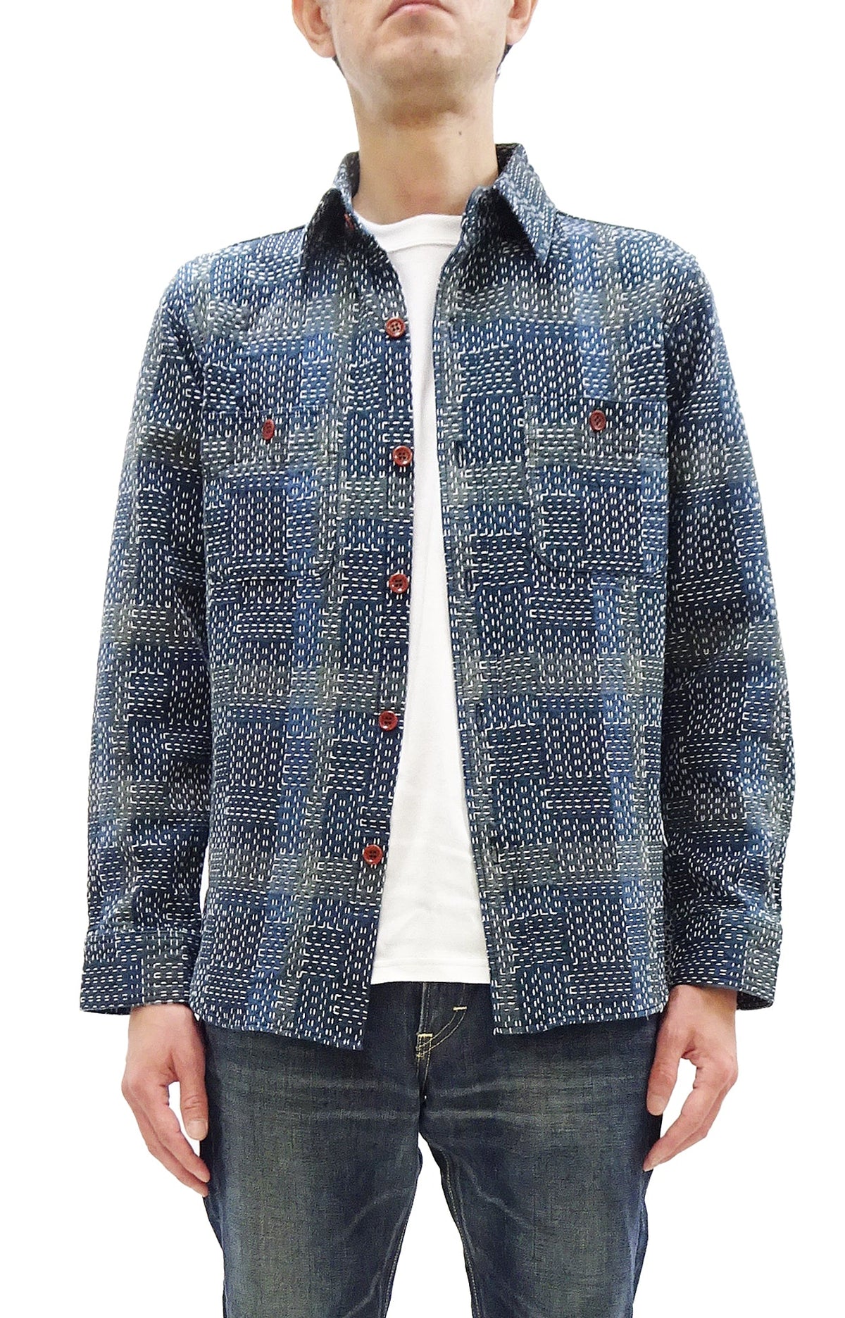Studio D'Artisan Men's Heavyweight Jacquard Work Shirt, Sashiko Stitch Boro/Noragi-Inspired Slub Plaid, 100% Cotton, Made in Japan (SDA 5651 Blue)