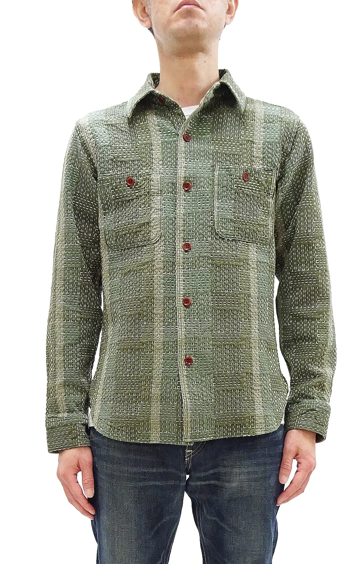 Studio D'Artisan Men's Heavyweight Jacquard Work Shirt, Sashiko Stitch Boro/Noragi-Inspired Slub Plaid, 100% Cotton, Made in Japan (SDA 5651 Green)