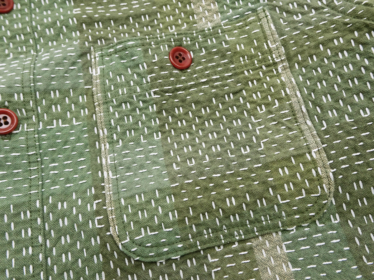 Studio D'Artisan Men's Heavyweight Jacquard Work Shirt, Sashiko Stitch Boro/Noragi-Inspired Slub Plaid, 100% Cotton, Made in Japan (SDA 5651 Green)