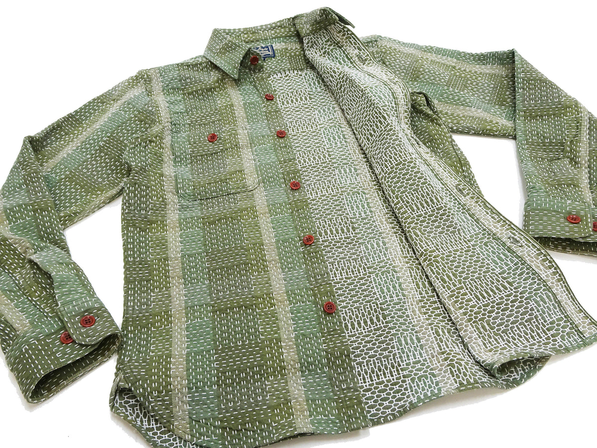 Studio D'Artisan Men's Heavyweight Jacquard Work Shirt, Sashiko Stitch Boro/Noragi-Inspired Slub Plaid, 100% Cotton, Made in Japan (SDA 5651 Green)