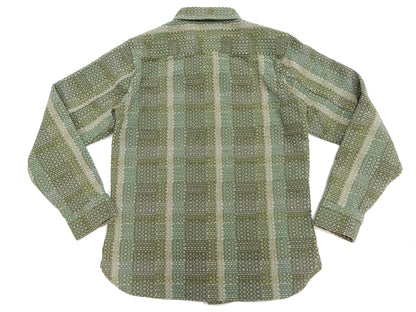 Studio D'Artisan Men's Heavyweight Jacquard Work Shirt, Sashiko Stitch Boro/Noragi-Inspired Slub Plaid, 100% Cotton, Made in Japan (SDA 5651 Green)