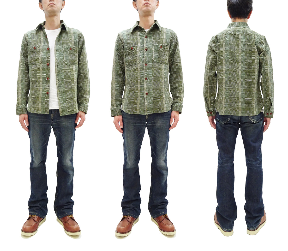 Studio D'Artisan Men's Heavyweight Jacquard Work Shirt, Sashiko Stitch Boro/Noragi-Inspired Slub Plaid, 100% Cotton, Made in Japan (SDA 5651 Green)