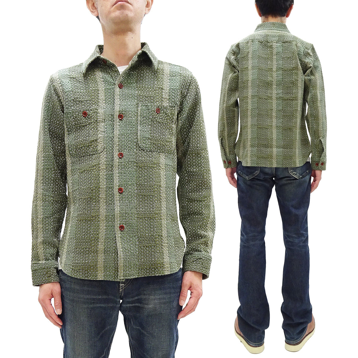Studio D'Artisan Men's Heavyweight Jacquard Work Shirt, Sashiko Stitch Boro/Noragi-Inspired Slub Plaid, 100% Cotton, Made in Japan (SDA 5651 Green)