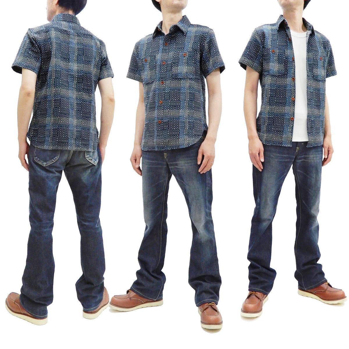Studio D'artisan Men's Noragi-Style Sashiko Jacquard Short Sleeve Shirt, Boro-Inspired Heavyweight Japanese Workwear Button-Up Shirt, Made in Japan (SDA 5657, Blue)