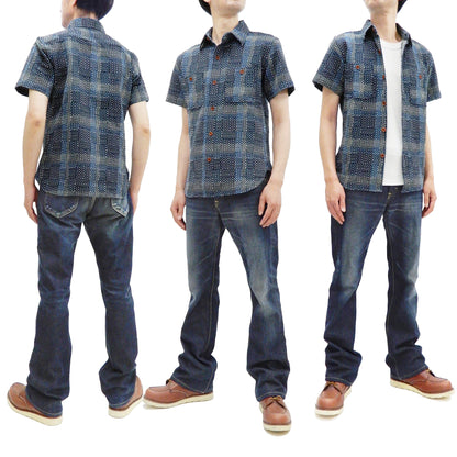 Studio D'artisan Men's Noragi-Style Sashiko Jacquard Short Sleeve Shirt, Boro-Inspired Heavyweight Japanese Workwear Button-Up Shirt, Made in Japan (SDA 5657, Blue)