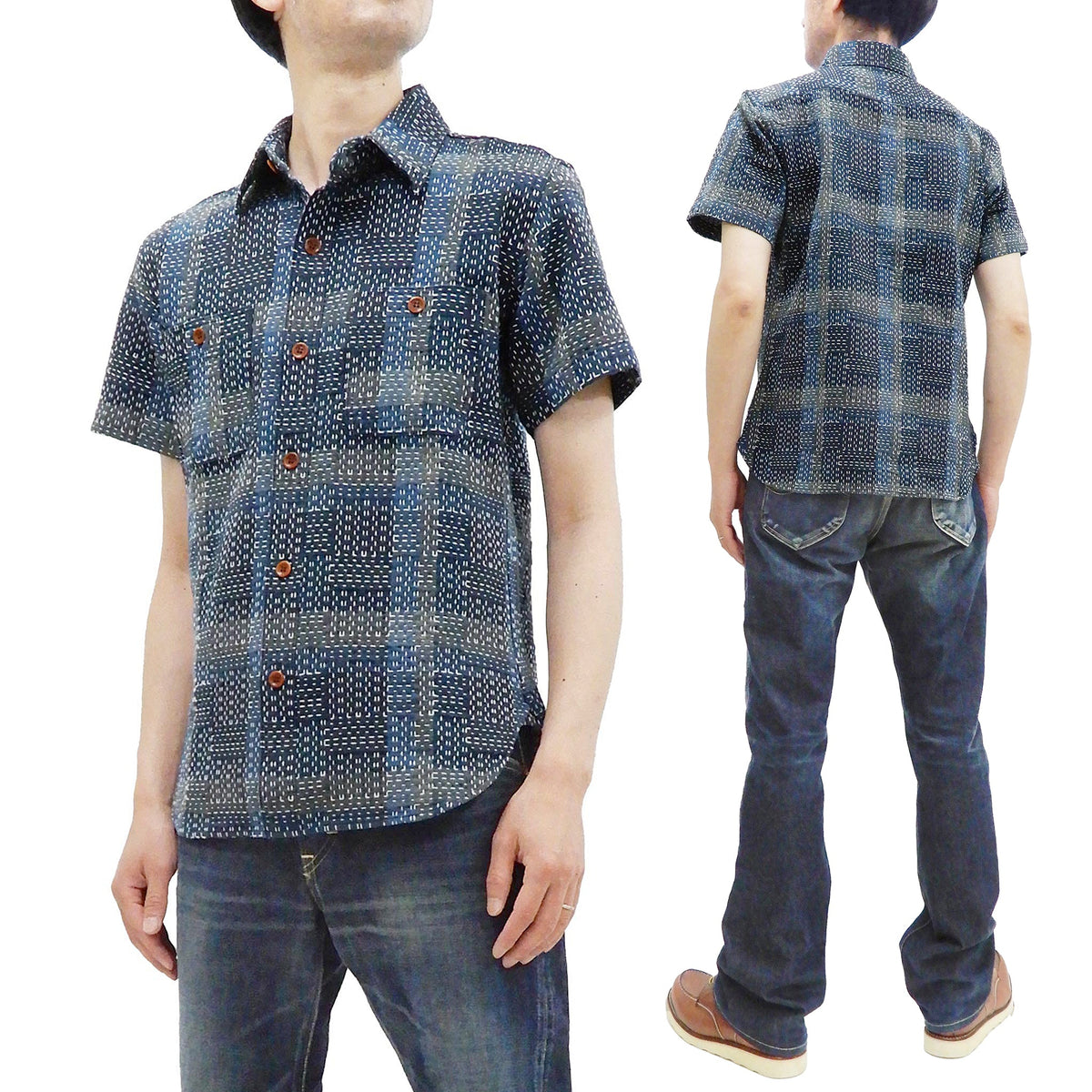 Studio D'artisan Men's Noragi-Style Sashiko Jacquard Short Sleeve Shirt, Boro-Inspired Heavyweight Japanese Workwear Button-Up Shirt, Made in Japan (SDA 5657, Blue)