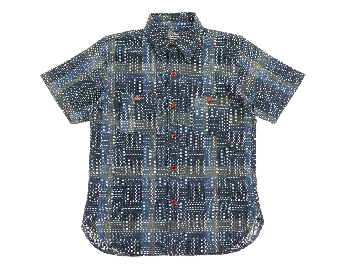 Studio D'artisan Men's Noragi-Style Sashiko Jacquard Short Sleeve Shirt, Boro-Inspired Heavyweight Japanese Workwear Button-Up Shirt, Made in Japan (SDA 5657, Blue)