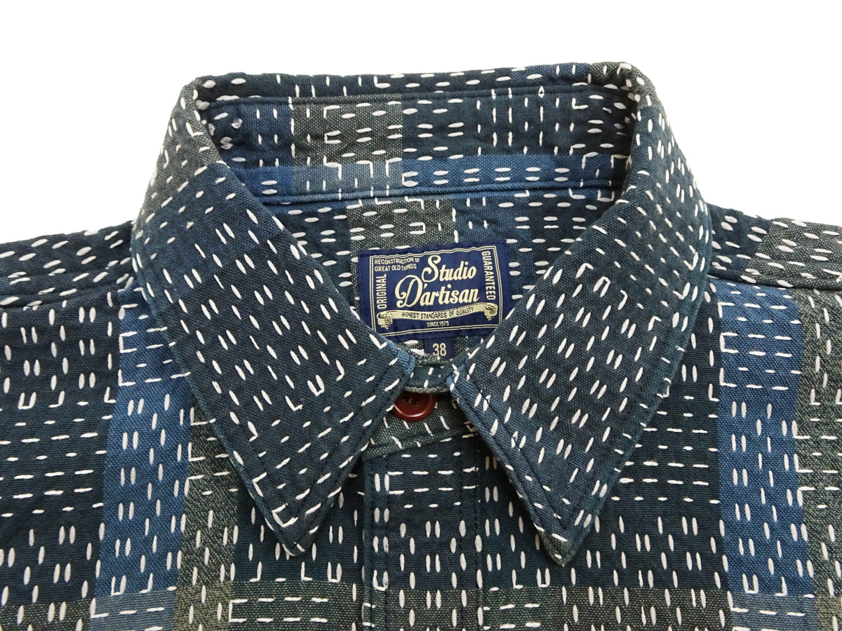 Studio D'artisan Men's Noragi-Style Sashiko Jacquard Short Sleeve Shirt, Boro-Inspired Heavyweight Japanese Workwear Button-Up Shirt, Made in Japan (SDA 5657, Blue)
