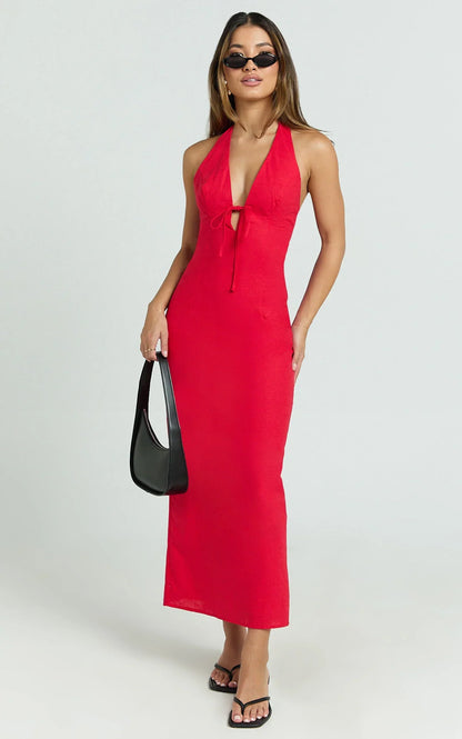 Arlette Midi Dress - Strappy V Neck Under Bust Gathered Tie Front Bias Slip Skirt Dress in Red