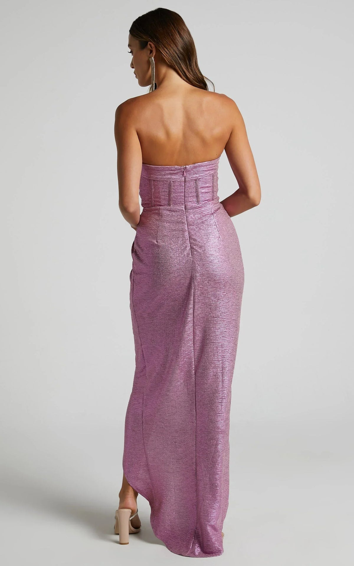 Adrie Midi Dress - Strapless Corset Bodice Dress in Pink
