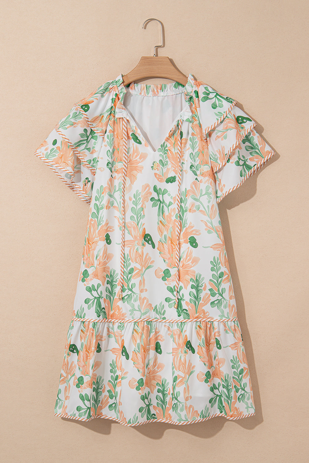 Sky Blue Floral Contrast Edge Ruffle Sleeve Tie Neck Mini Dress
