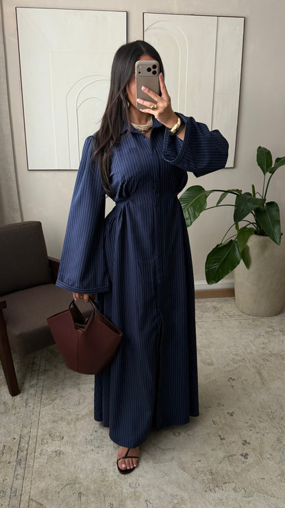 Robe Cintree A Rayures I Bleu Marine