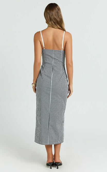 Anessa Midi Dress - Button Front Bustier Fitted Dress in Black