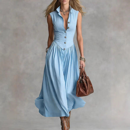 Women's Sleeveless Lapel Collar Maxi Dress – Slim Fit Patchwork