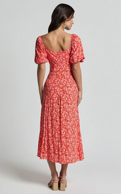 Caitlin Midi Dress - Puff Sleeve Thigh Split Dress in Orange