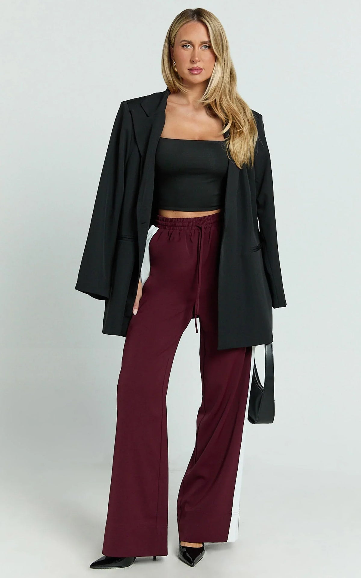 Davi Pants - Drawstring Waist Contrast Panel Tailored Pants in Burgundy