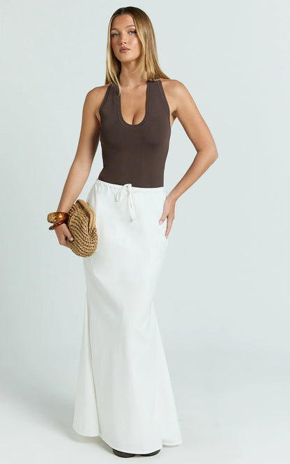 Jonah Maxi Skirt - Mid Waisted Linen Blend Maxi Skirt in Off White