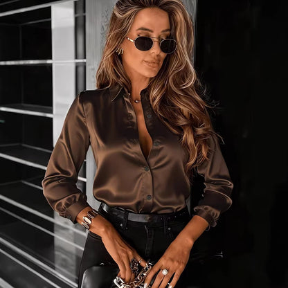 Women's Drapey Satin Lapel Shirt Long Sleeve