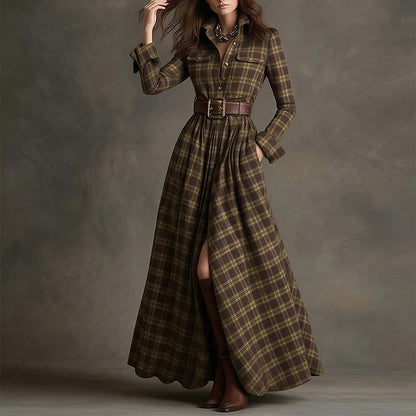 Women's Printed Lapel Slim-Fit Dress – Elegant Commuter Style