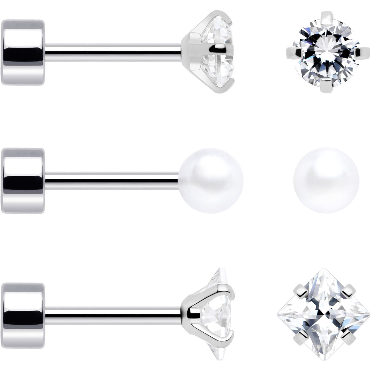 20G Clear Gem White Orb Flatback Earring Set of 6