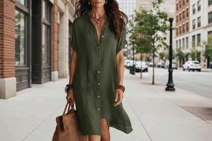 Women's Buttoned Midi Shirt Dress – Short Sleeve Cotton Linen