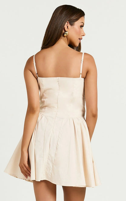 April Mini Dress - Sweetheart Wide Pleated Dress in Sand