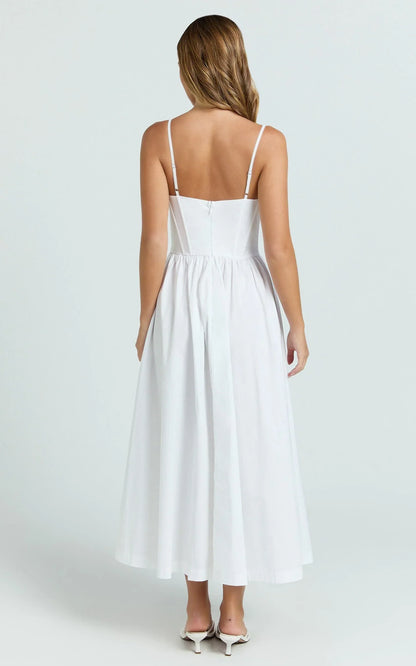 Braelyn Midi Dress - Scoop Neck Flare Dress in White