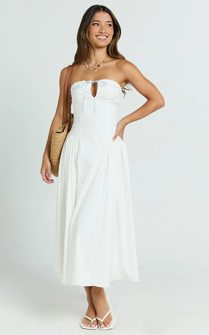 Bambi Midi Dress - Embroidered Strapless Lace Up Fit And Flare Dress in White