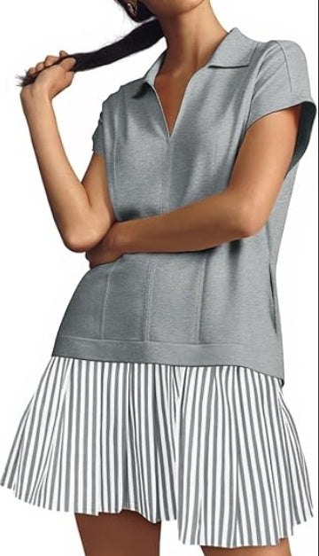 Fisoew Striped Patchwork Polo V‑Neck Mini Dress with Pockets