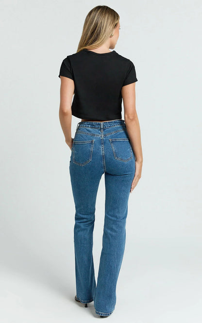 Inez Jeans - Mid Rise Slim Straight Bootcut Jeans in Dark Blue Wash