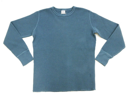 Studio D'Artisan Men's Heavyweight Waffle Knit Thermal Long Sleeve T-Shirt - 100% Cotton, Crew Neck, Ribbed Cuffs, Raw-edge hem, Made in Japan (SDA 9936) Faded-Blue