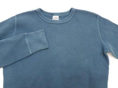 Studio D'Artisan Men's Heavyweight Waffle Knit Thermal Long Sleeve T-Shirt - 100% Cotton, Crew Neck, Ribbed Cuffs, Raw-edge hem, Made in Japan (SDA 9936) Faded-Blue