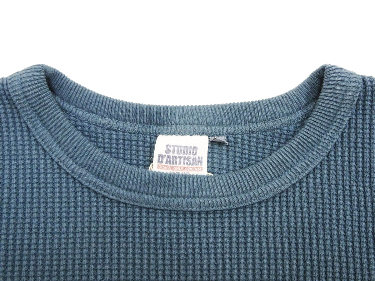 Studio D'Artisan Men's Heavyweight Waffle Knit Thermal Long Sleeve T-Shirt - 100% Cotton, Crew Neck, Ribbed Cuffs, Raw-edge hem, Made in Japan (SDA 9936) Faded-Blue