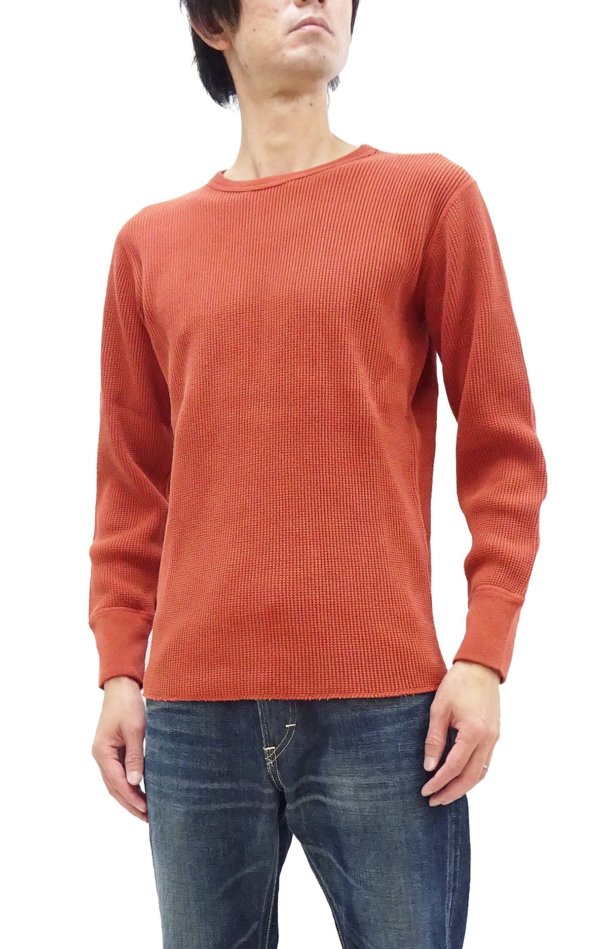 Studio D'Artisan Men's Heavyweight Waffle Knit Thermal Long Sleeve T-Shirt - 100% Cotton, Crew Neck, Ribbed Cuffs, Raw-edge hem, Made in Japan (SDA 9936) Burnt Sienna (deep red-brown color)