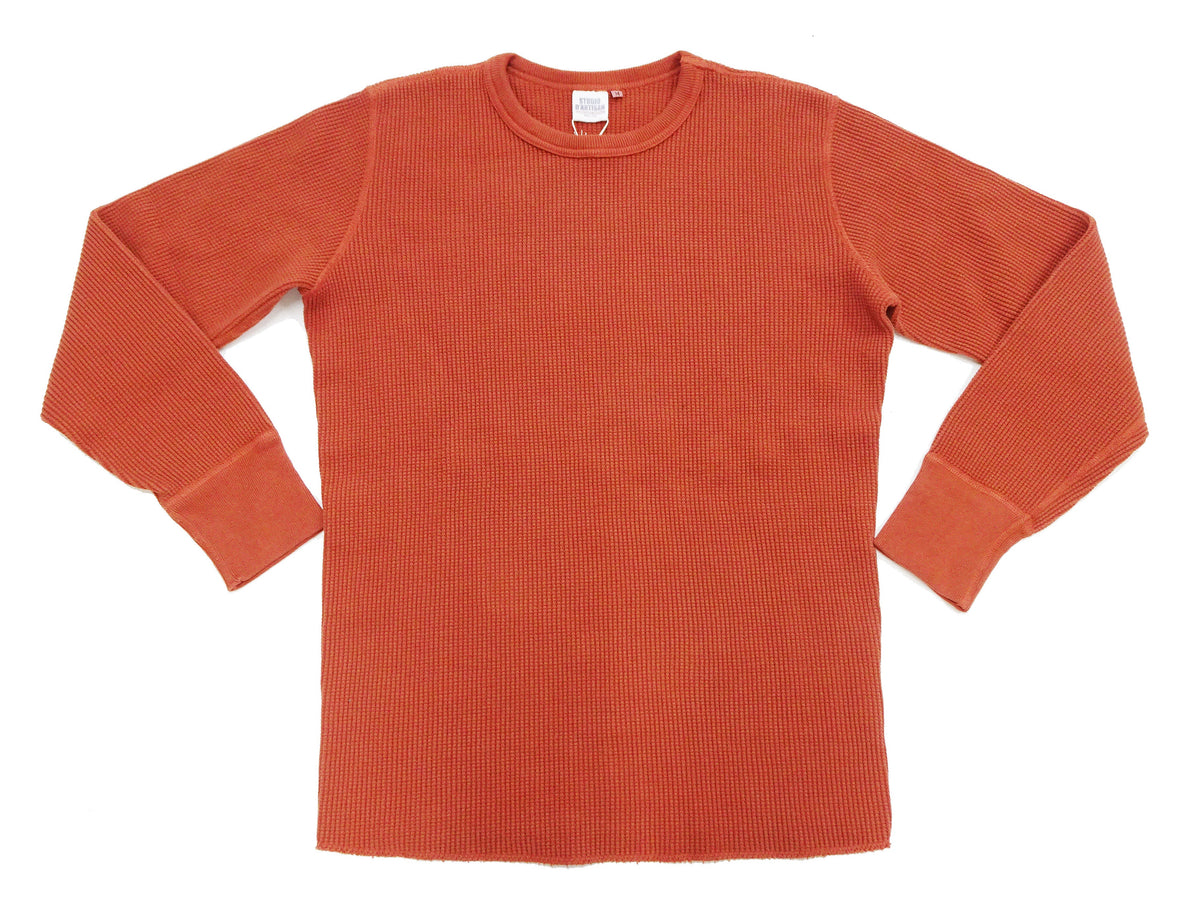 Studio D'Artisan Men's Heavyweight Waffle Knit Thermal Long Sleeve T-Shirt - 100% Cotton, Crew Neck, Ribbed Cuffs, Raw-edge hem, Made in Japan (SDA 9936) Burnt Sienna (deep red-brown color)