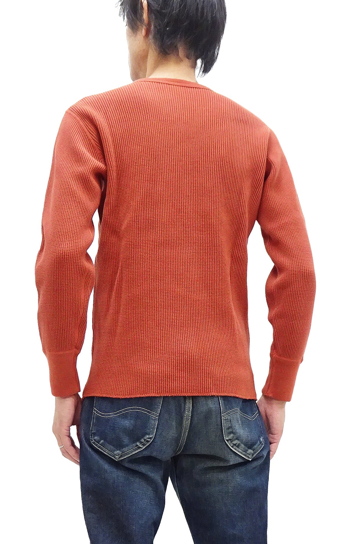 Studio D'Artisan Men's Heavyweight Waffle Knit Thermal Long Sleeve T-Shirt - 100% Cotton, Crew Neck, Ribbed Cuffs, Raw-edge hem, Made in Japan (SDA 9936) Burnt Sienna (deep red-brown color)