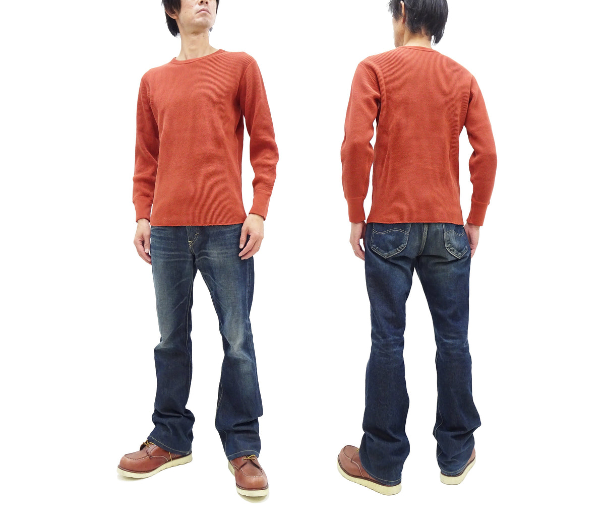 Studio D'Artisan Men's Heavyweight Waffle Knit Thermal Long Sleeve T-Shirt - 100% Cotton, Crew Neck, Ribbed Cuffs, Raw-edge hem, Made in Japan (SDA 9936) Burnt Sienna (deep red-brown color)