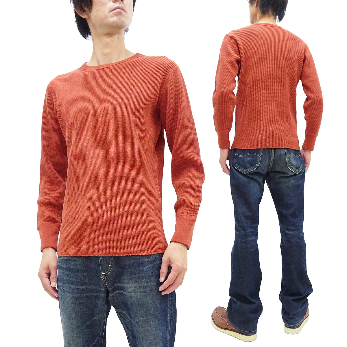Studio D'Artisan Men's Heavyweight Waffle Knit Thermal Long Sleeve T-Shirt - 100% Cotton, Crew Neck, Ribbed Cuffs, Raw-edge hem, Made in Japan (SDA 9936) Burnt Sienna (deep red-brown color)