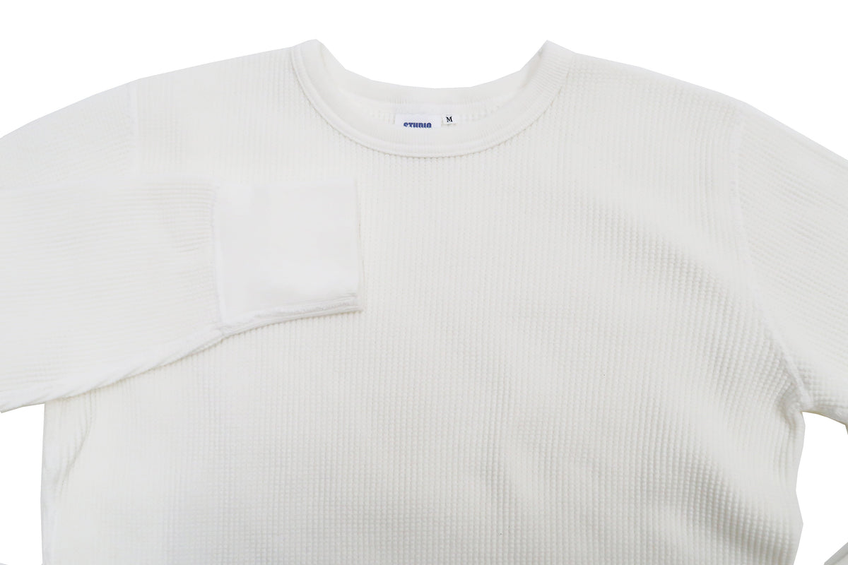 Studio D'Artisan Men's Heavyweight Waffle Knit Thermal Long Sleeve T-Shirt - 100% Cotton, Crew Neck, Ribbed Cuffs, Raw-edge hem, Made in Japan (SDA 9936) White