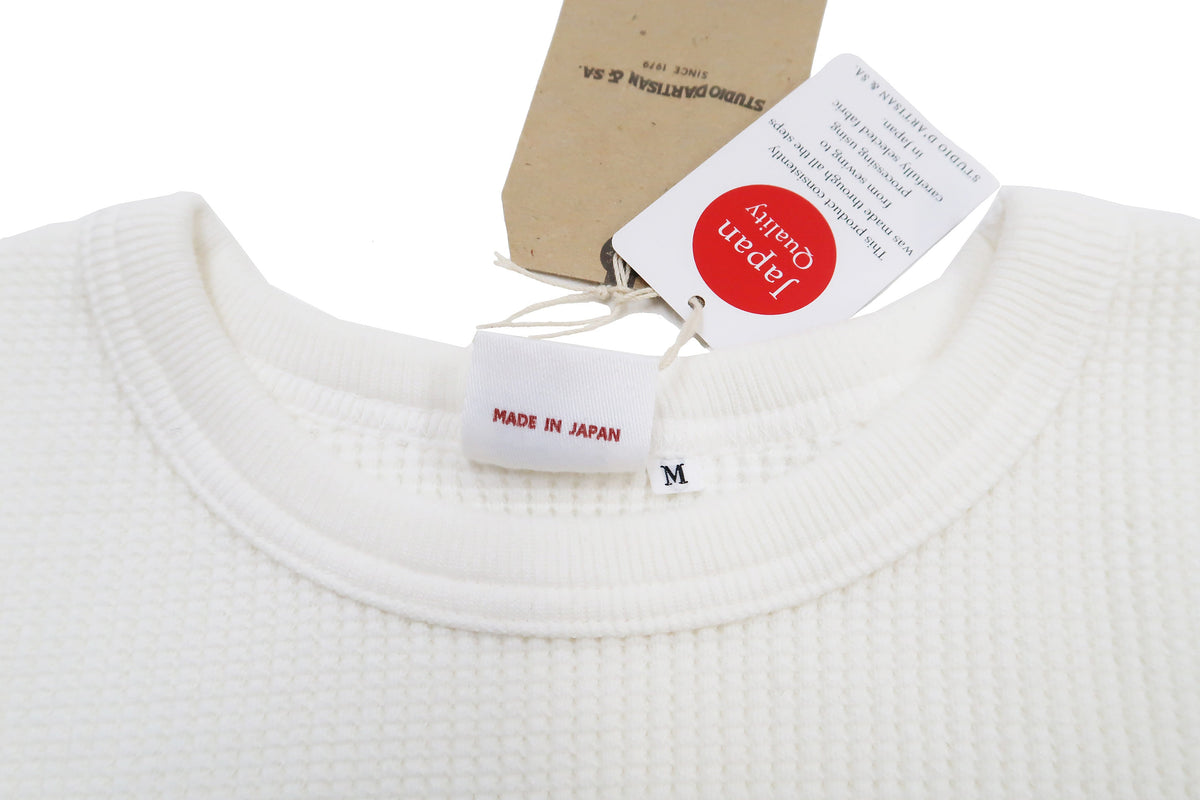 Studio D'Artisan Men's Heavyweight Waffle Knit Thermal Long Sleeve T-Shirt - 100% Cotton, Crew Neck, Ribbed Cuffs, Raw-edge hem, Made in Japan (SDA 9936) White
