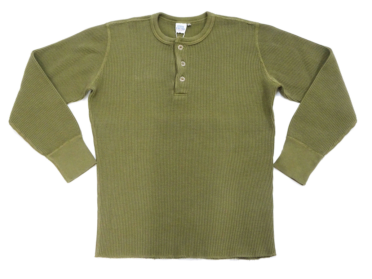Studio D'Artisan Men's Heavyweight Waffle Knit Thermal Henley Long Sleeve T-Shirt - 100% Cotton, Ribbed Crew Neck Band, Ribbed Cuffs, Raw-edge hem, Made in Japan (SDA 9937) Khaki