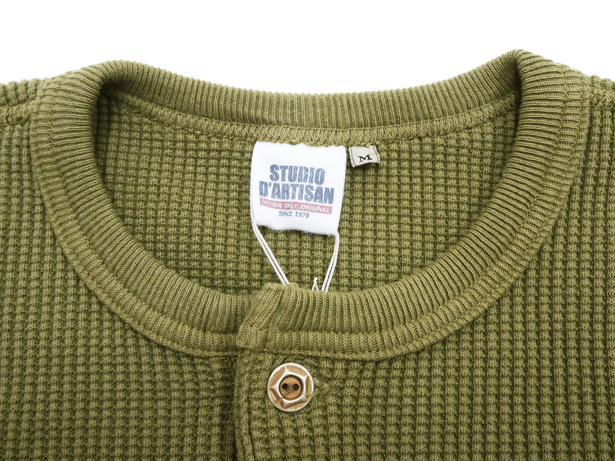 Studio D'Artisan Men's Heavyweight Waffle Knit Thermal Henley Long Sleeve T-Shirt - 100% Cotton, Ribbed Crew Neck Band, Ribbed Cuffs, Raw-edge hem, Made in Japan (SDA 9937) Khaki