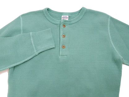 Studio D'Artisan Men's Heavyweight Waffle Knit Thermal Henley Long Sleeve T-Shirt - 100% Cotton, Ribbed Crew Neck Band, Ribbed Cuffs, Raw-edge hem, Made in Japan (SDA 9937) Emerald Green