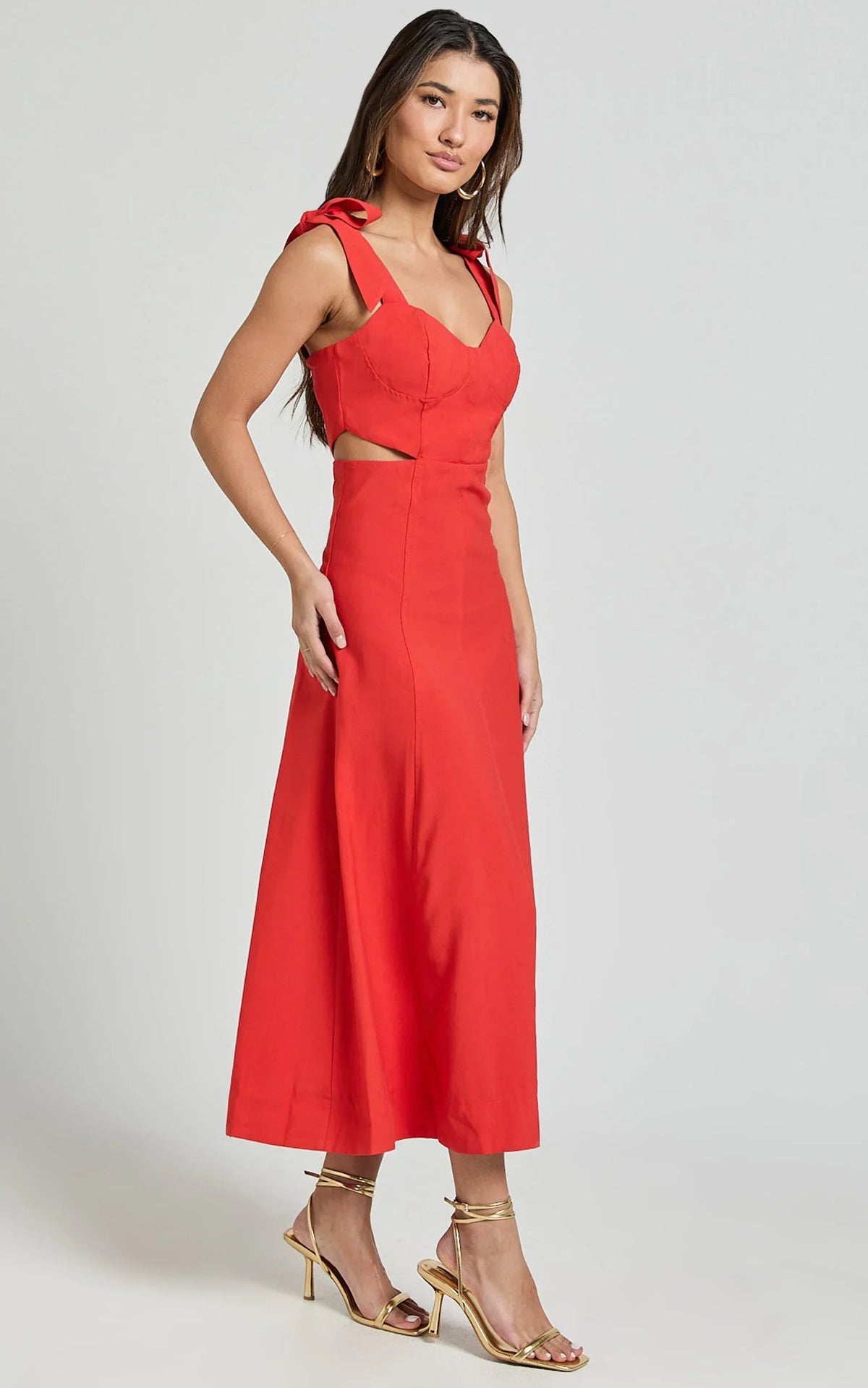 Giana Midi Dress - Shoulder Tie Cut Out Thigh Split Dress in Red