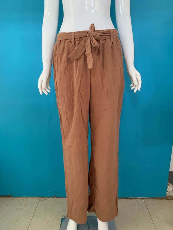 2024 Women Cotton Linen Pants Summer Fashion Elastic Waist Loose Straight Pants Female Casual Solid Color Ankle-length Trousers
